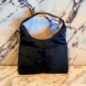 Authentic Gucci Black GG Nylon and Leather Double Pocket Hobo